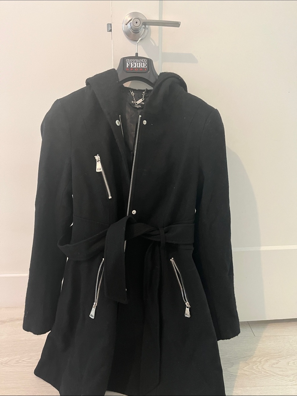 bebe Black Hooded Belted Trench Coat with Silver Zippers
